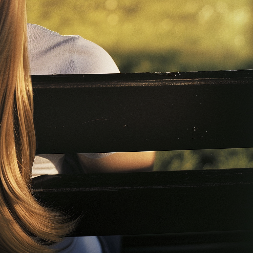 Young woman with blonde ponytail on park bench