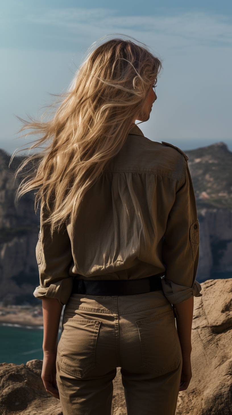 Blondie woman in oversized military shirt on cliff