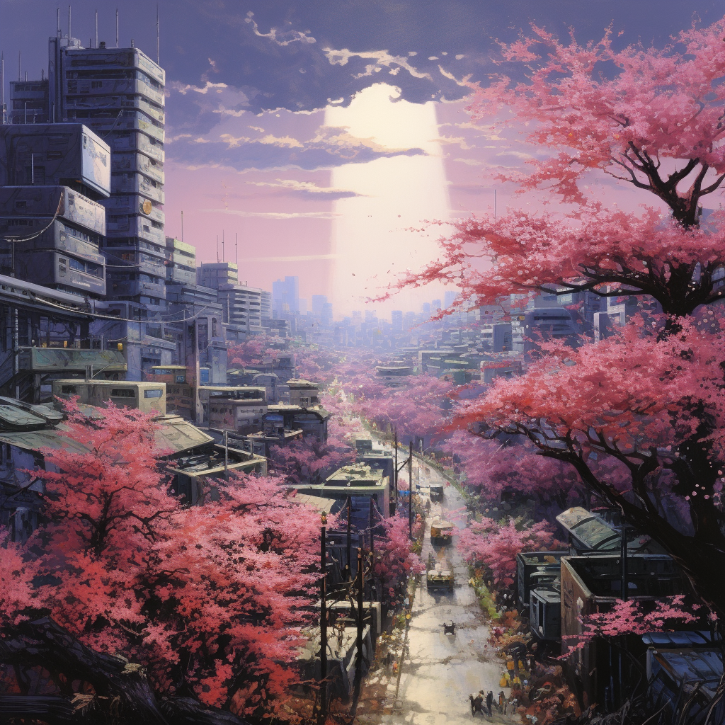 Beautiful Sakura Trees in Cyberpunk City