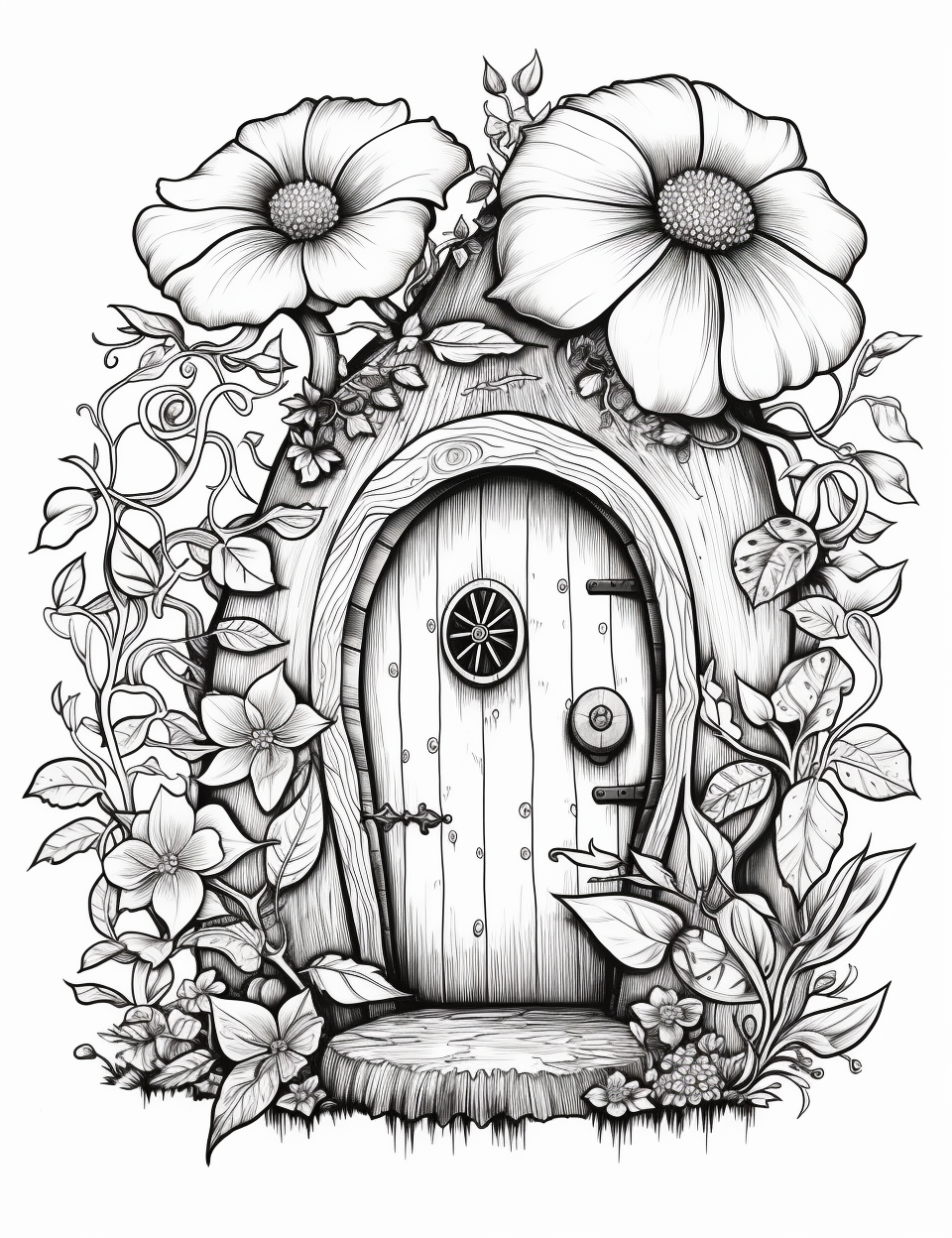 Coloring page of a blooming fairy door