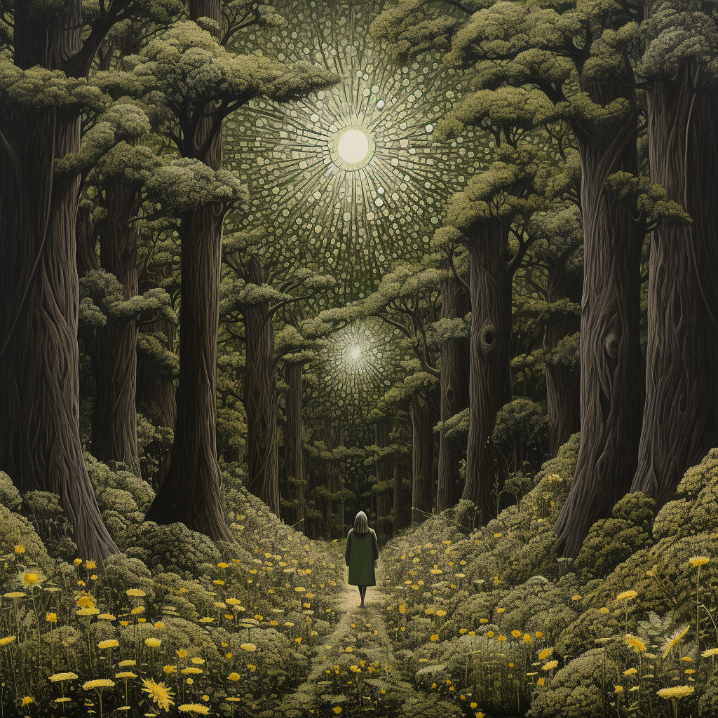 Whimsical forest with hiker