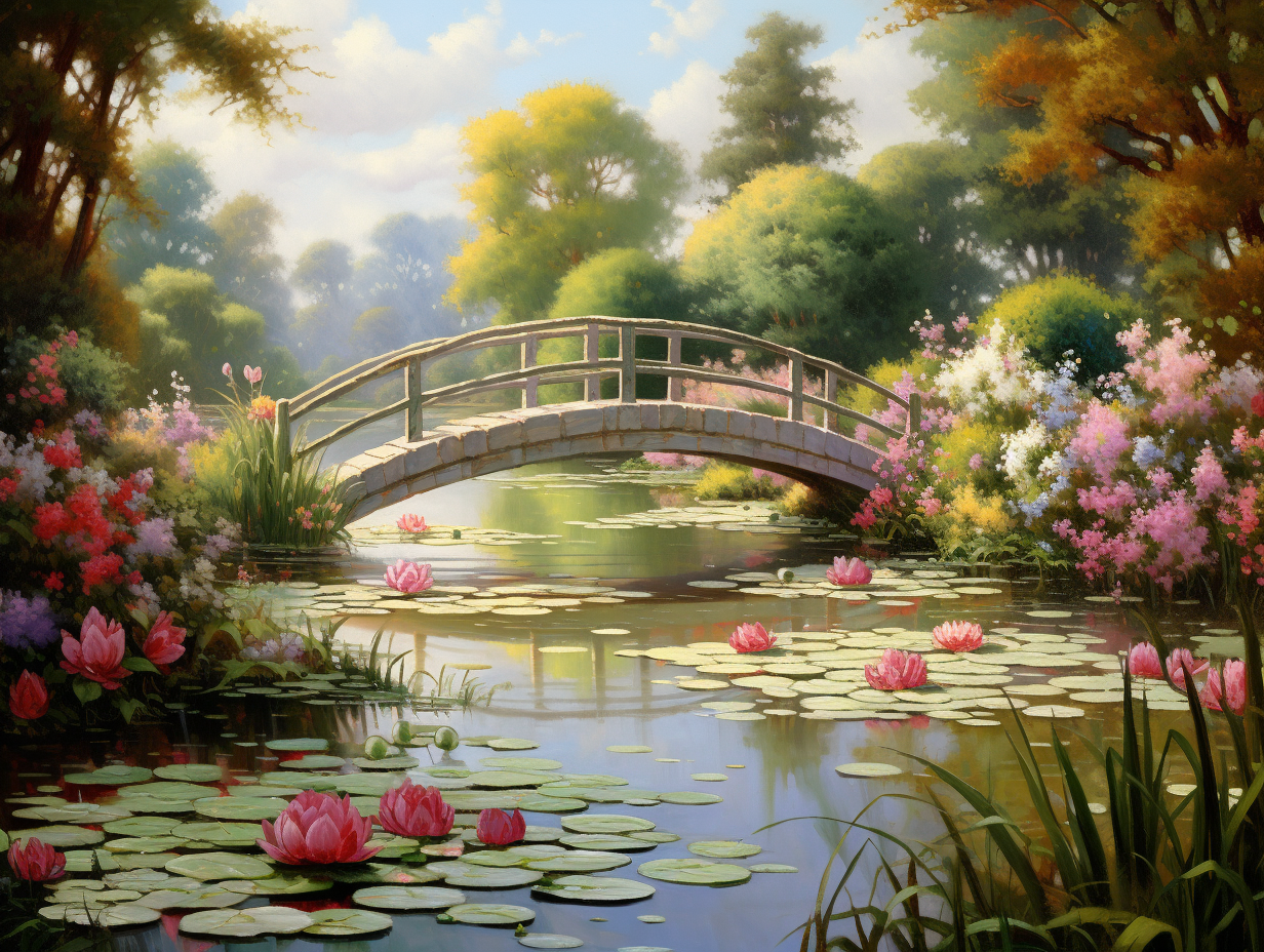 Bridge over blooming water lilies