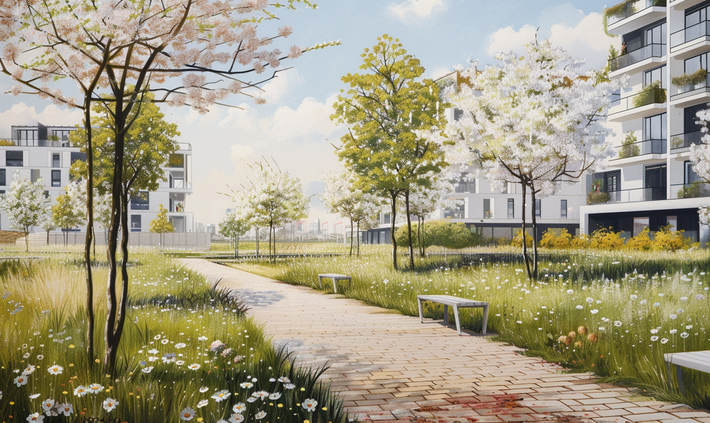 Blossoming Chestnut Trees on Brick Footpath