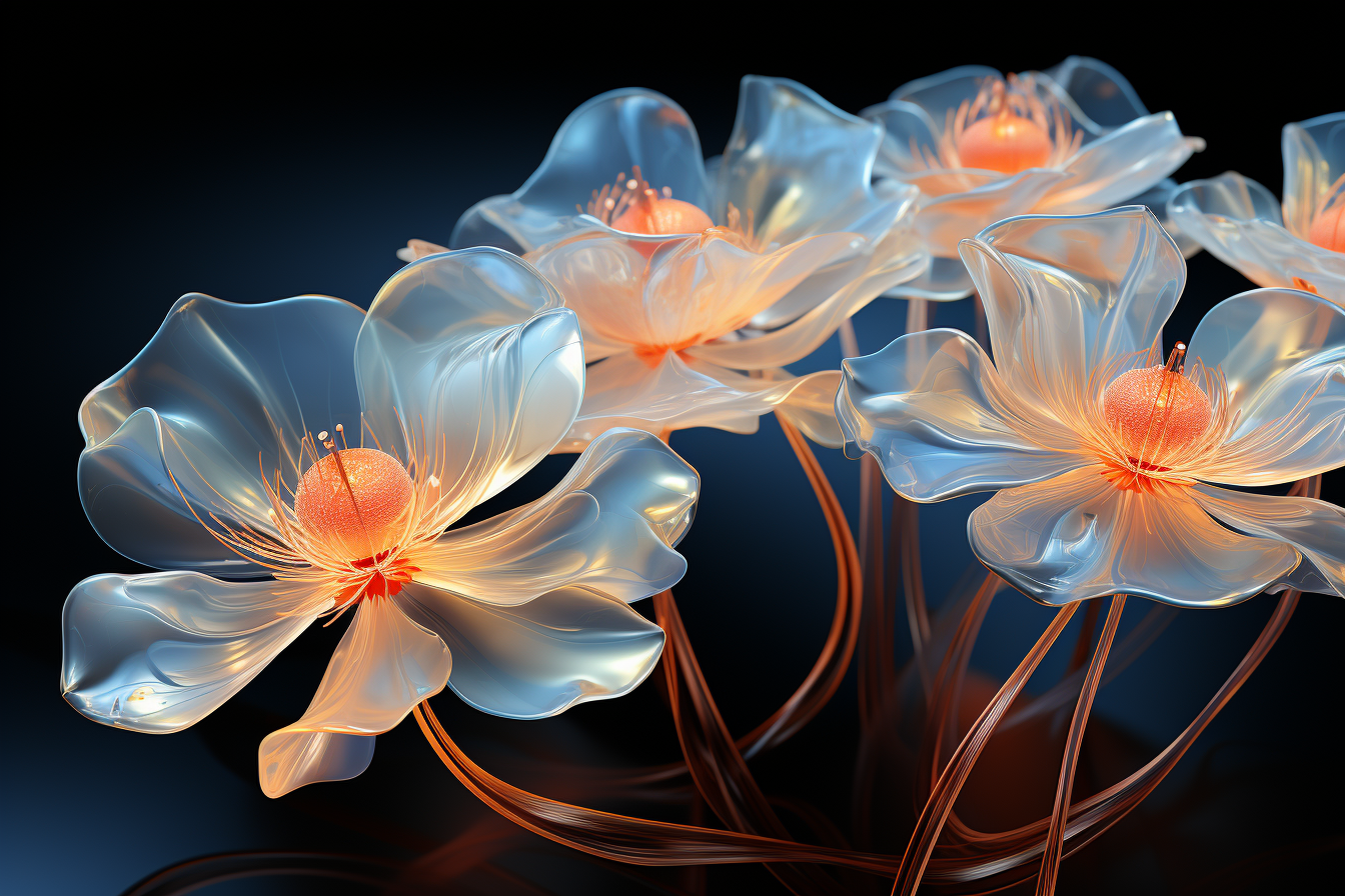 Blossoming computer chip flowers on ethereal background