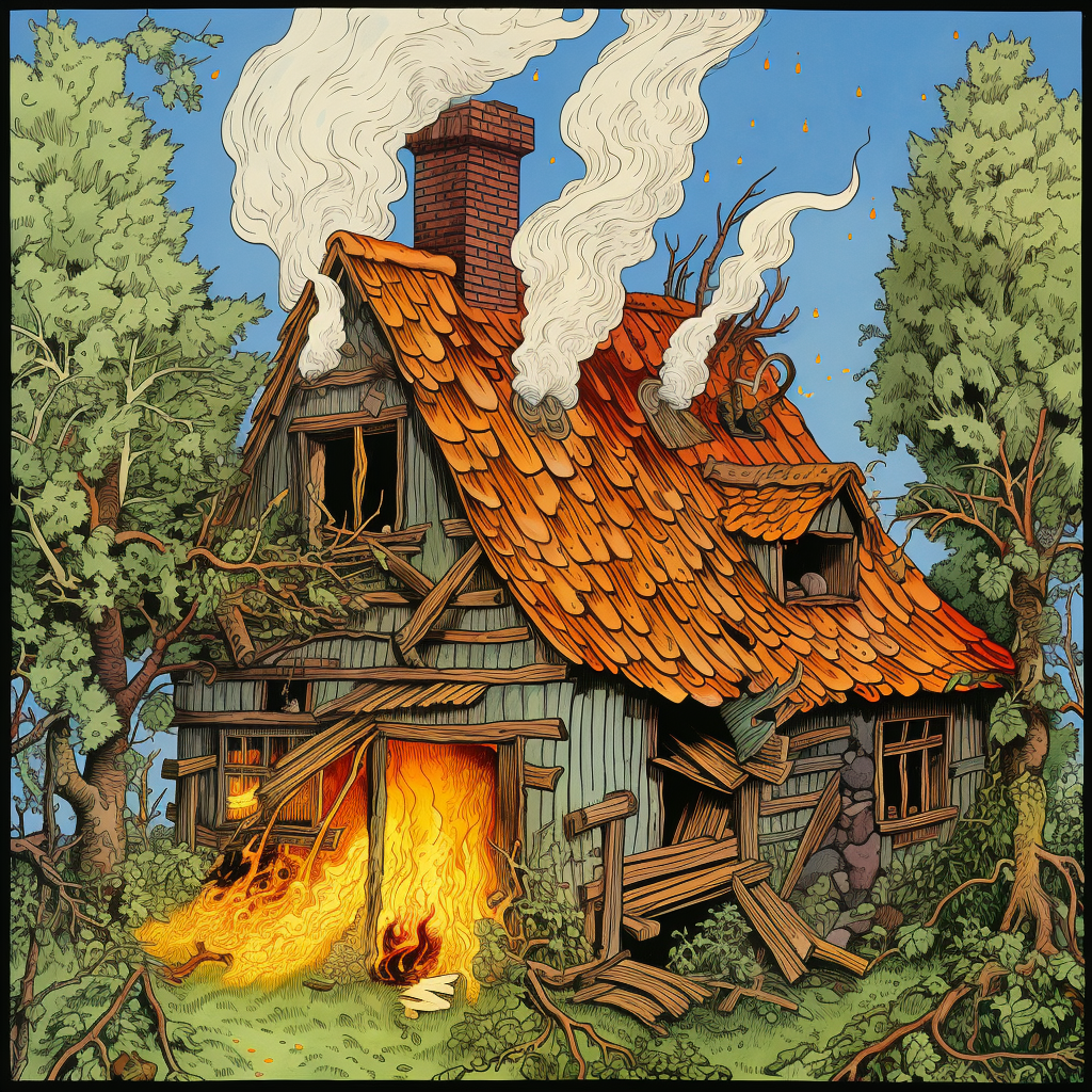 Wizard blowing house down in full color