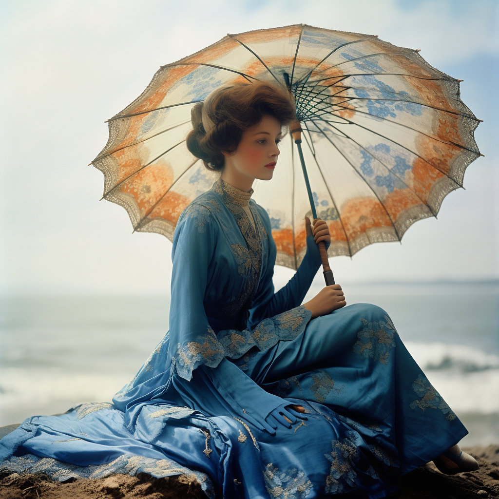 Colorized image of a single parasol from the 1900s