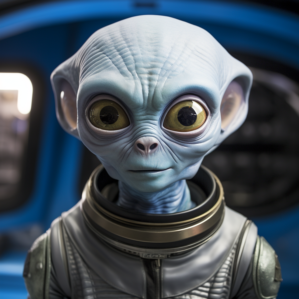 Three-foot Blue Alien with Bald Head and Bulging Eyes