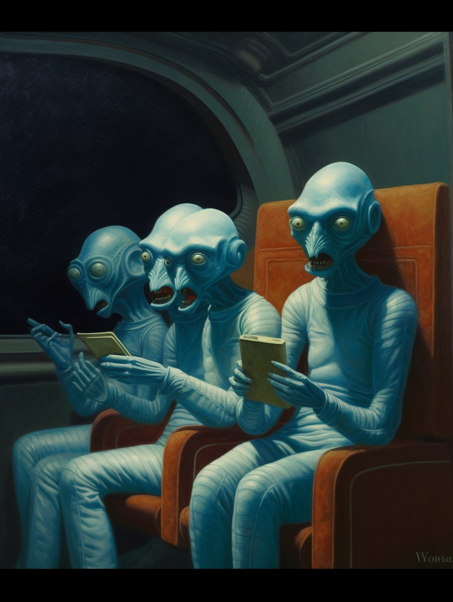 Group of blue aliens enjoying popcorn in a spaceship