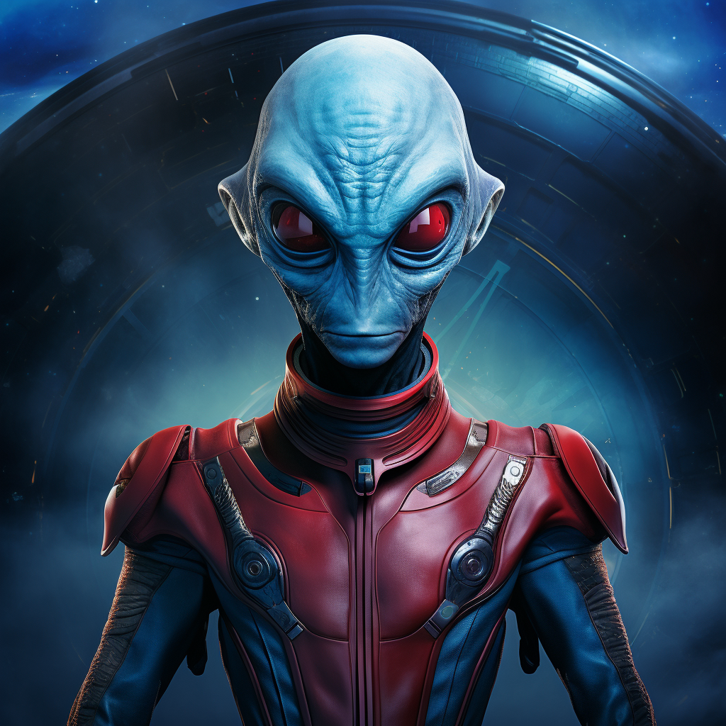 Three-foot-tall blue alien with red shield