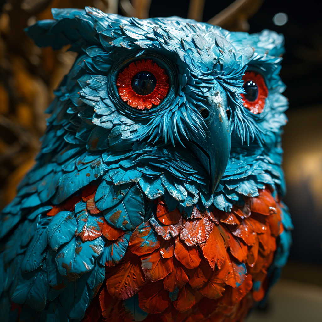 Blue and red owl sculptures art exhibition