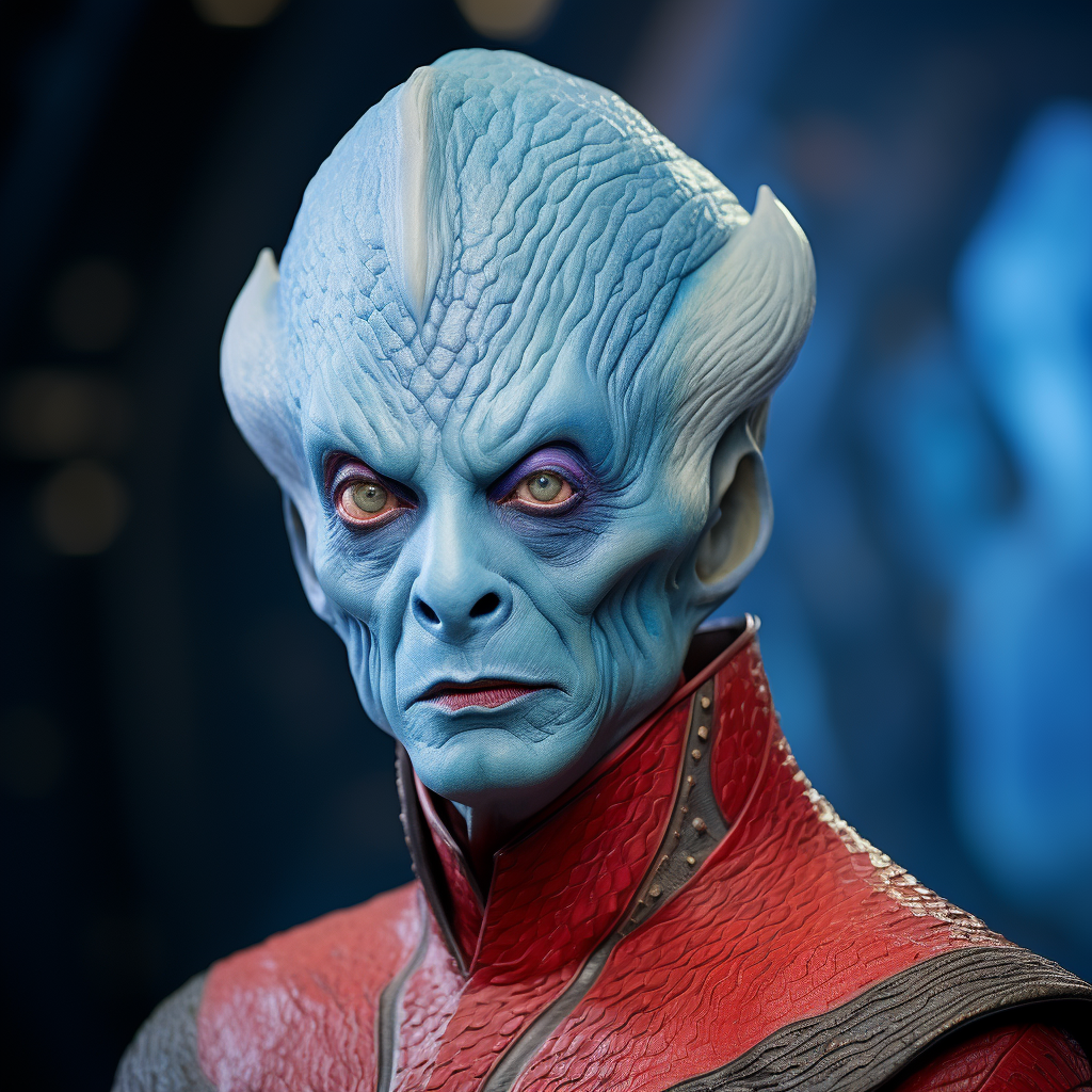 Blue-skinned Andorian Tim Curry in red uniform