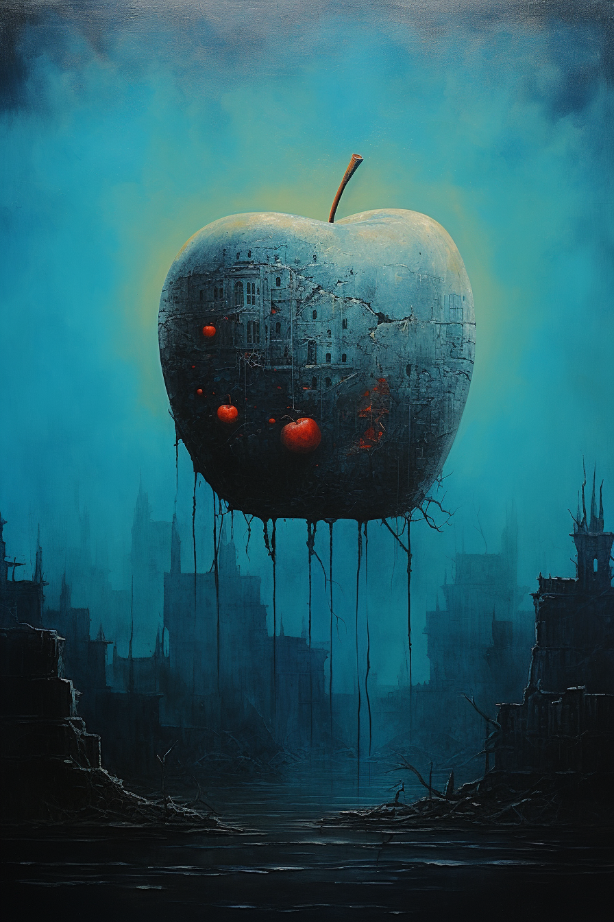 Beksiński's captivating blue apple oil painting