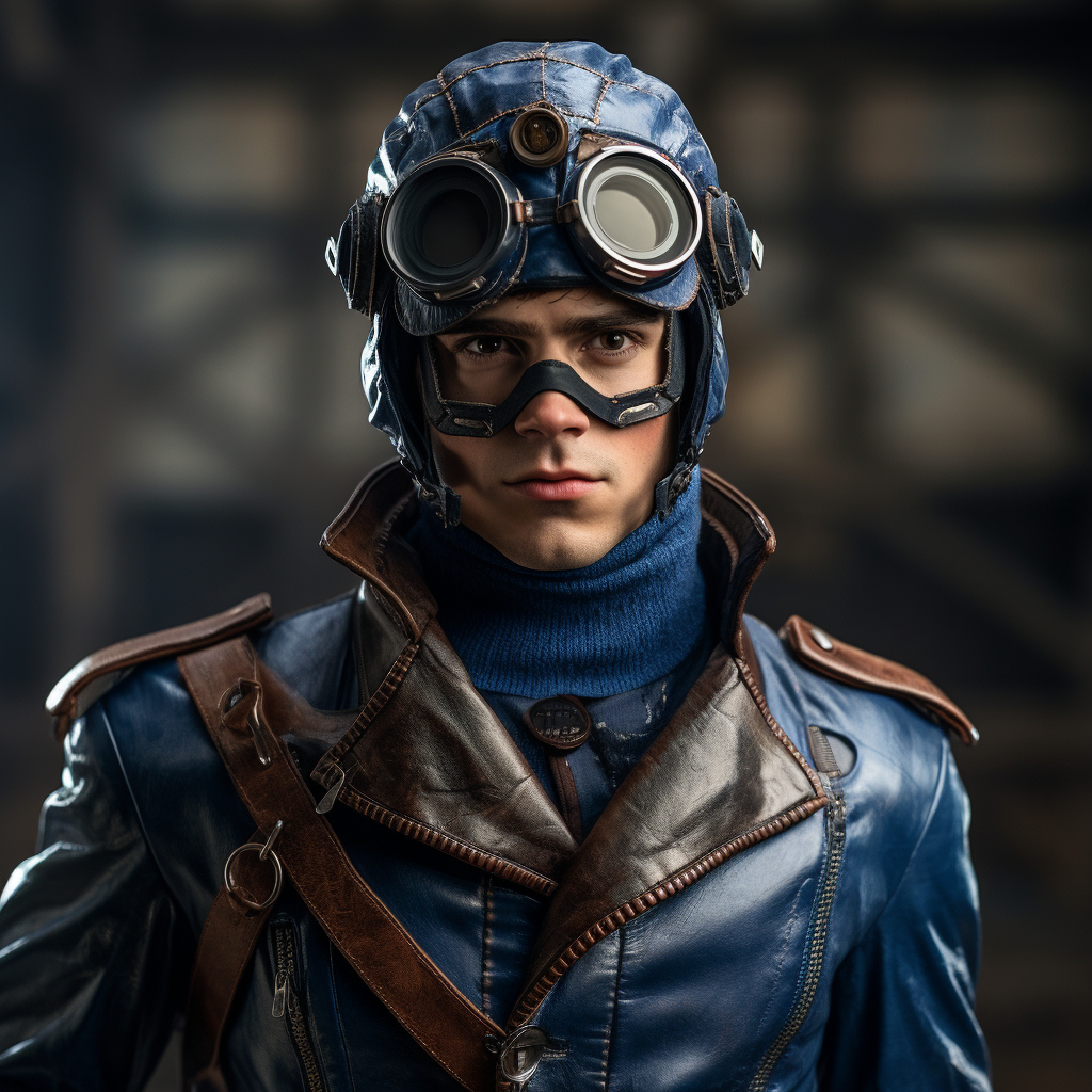 Powerful blue armored warrior with aviator hat and goggles