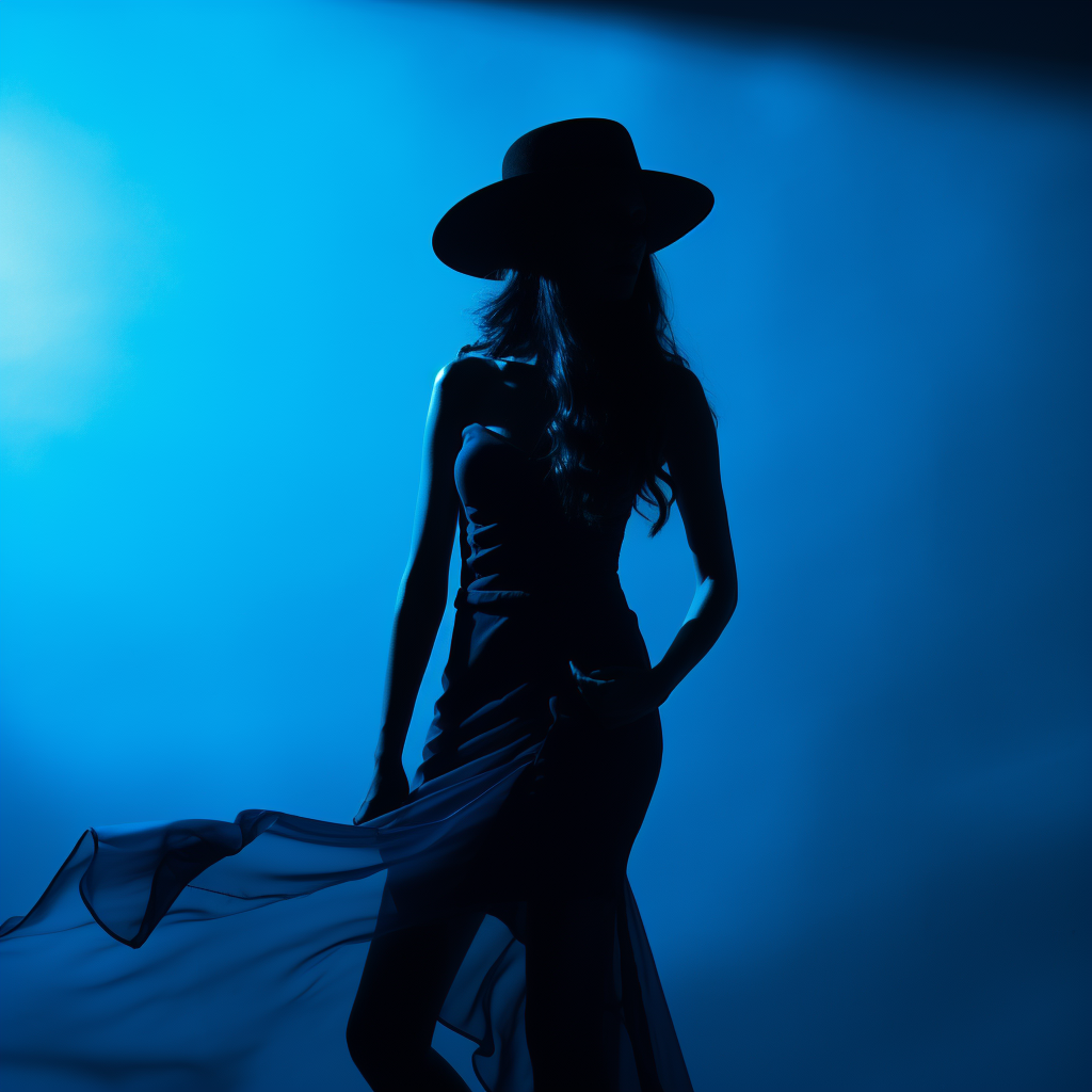 Elegant silhouette of a woman on blue background