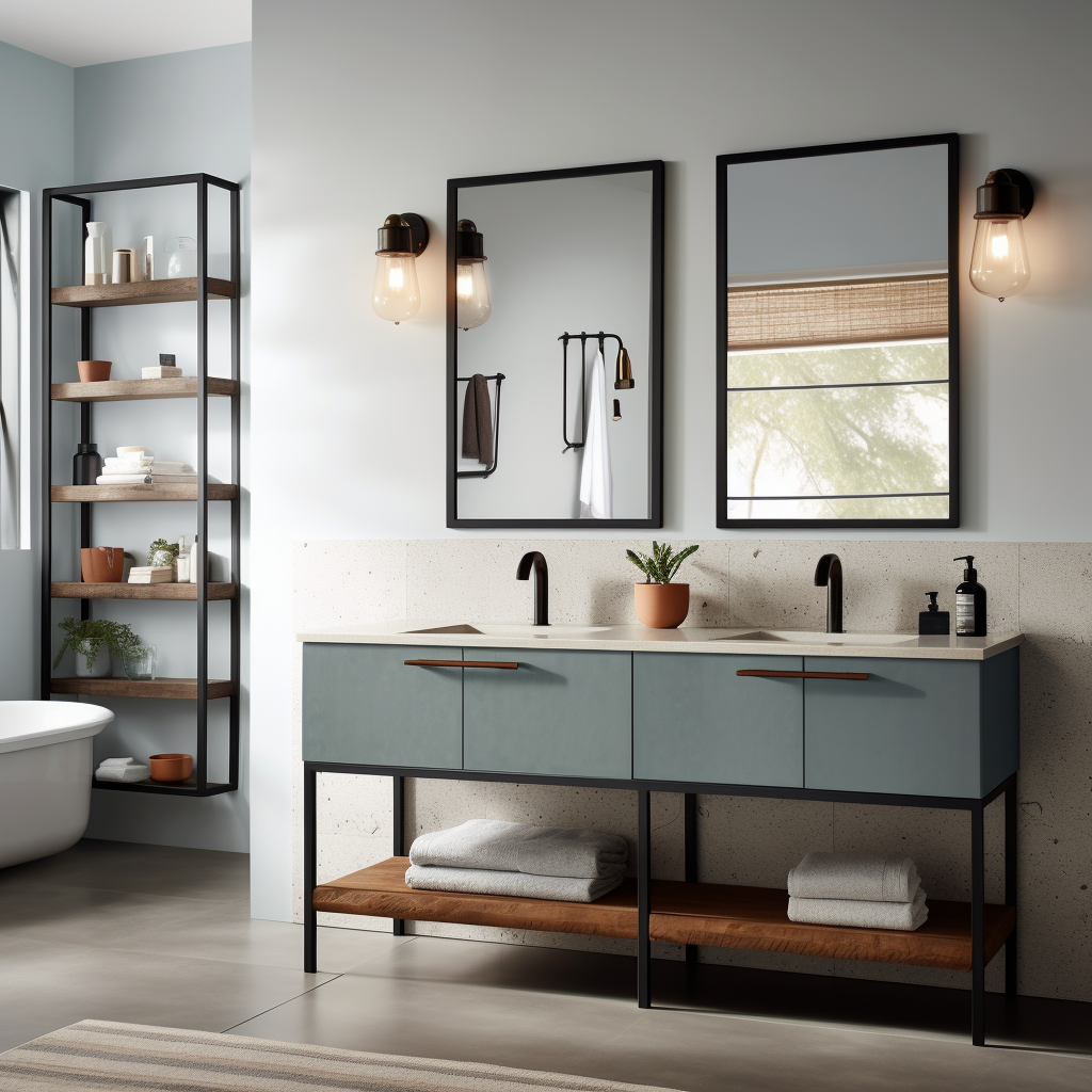 Slate blue bathroom vanity with black fixtures