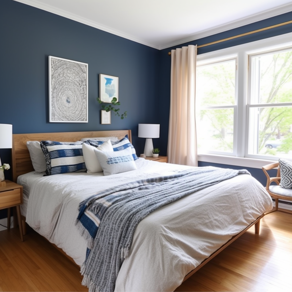 Stylish blue bedroom with wood bed