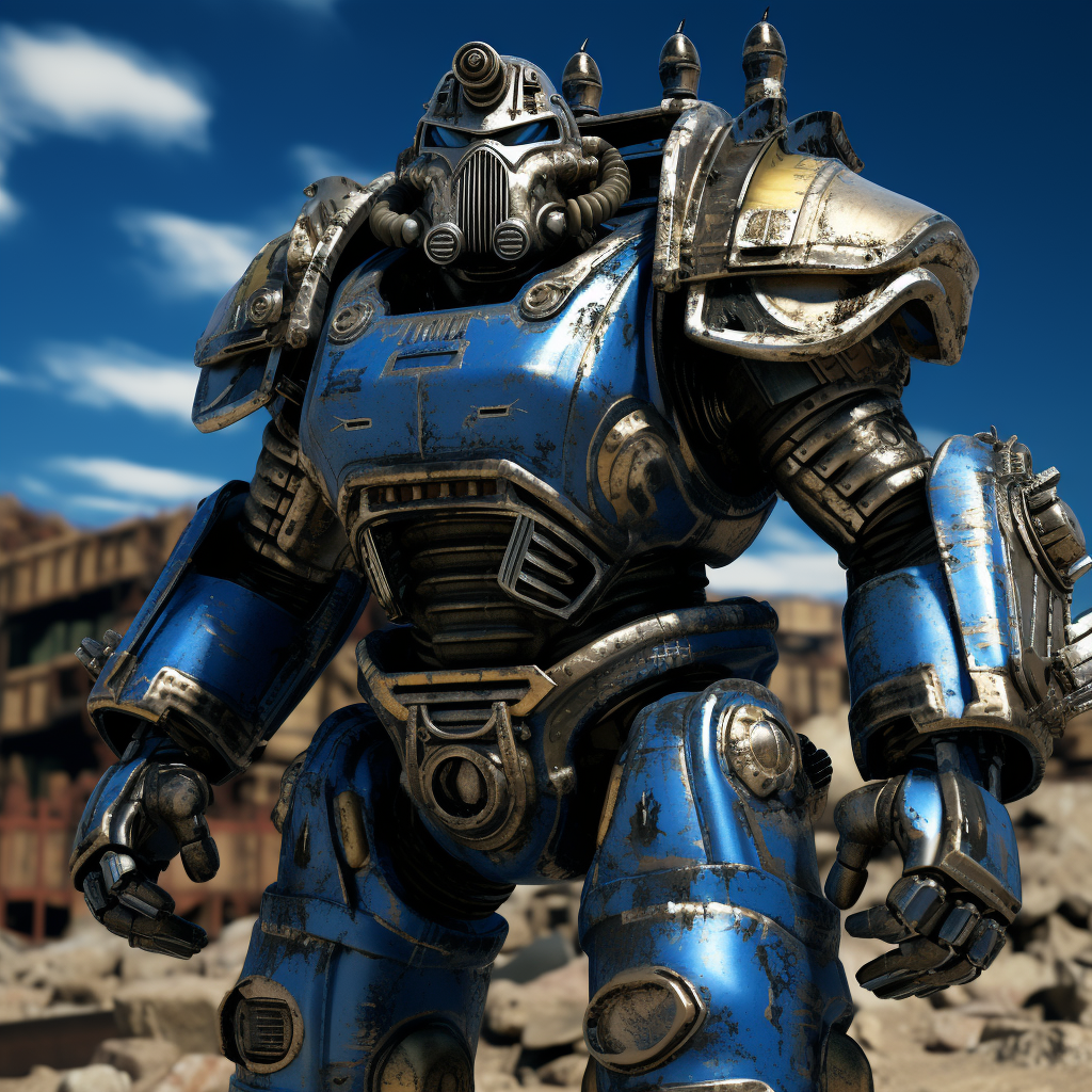 Battle-damaged power armor wielding Power Glaive