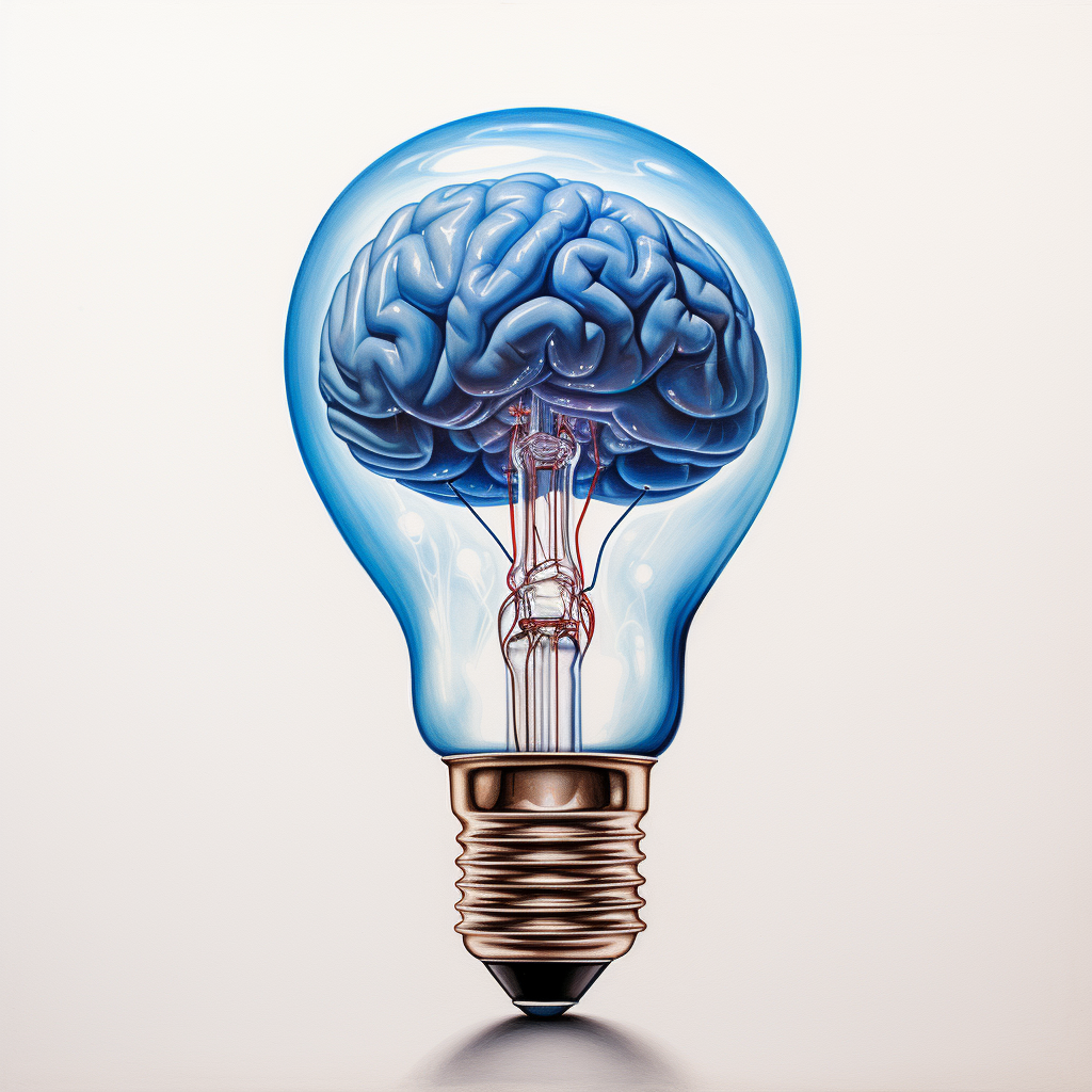 Blue Brain in Bulb on White Background