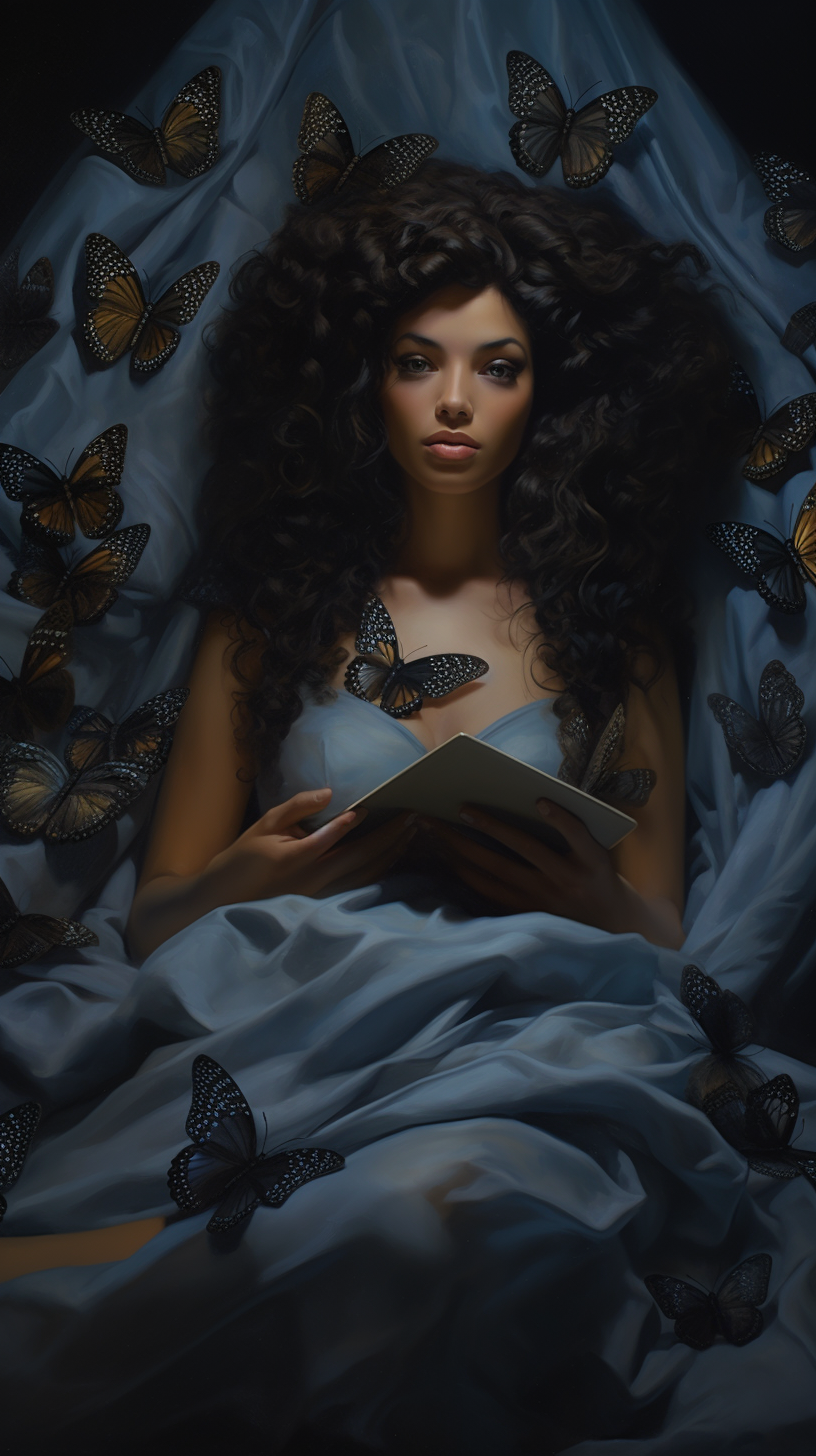 Blue butterflies surrounding a black queen reading a book.