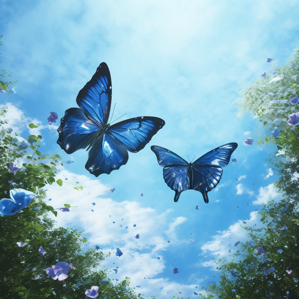 Beautiful blue butterflies flying in foreground