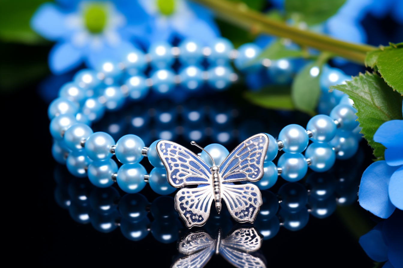 Blue butterfly on colorful flower with bracelet