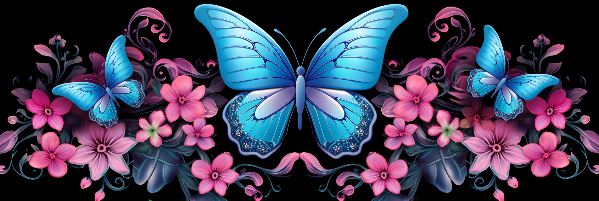 Beautiful blue butterfly and pink flowers