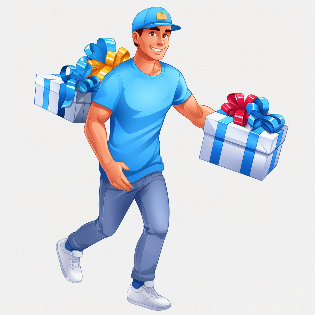 Character with blue cap carrying gifts