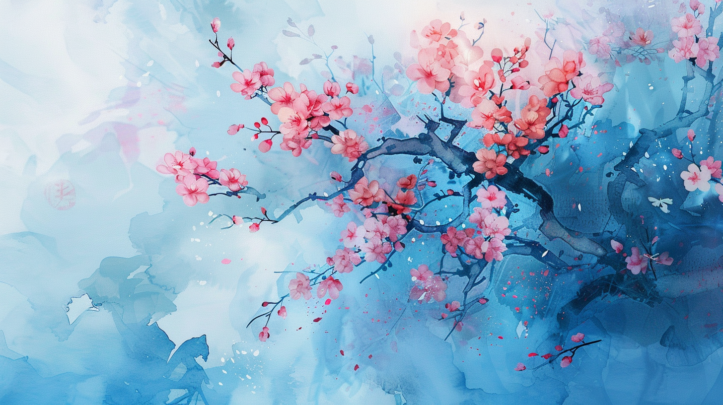 Blue Cherry Blossom Watercolor Draw