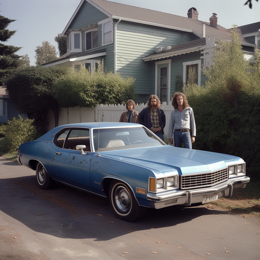 Two guys drinking beer next to a blue Chevy Impala