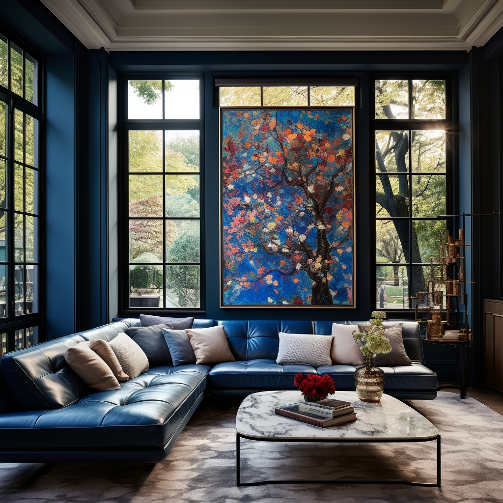 Beautiful blue creme family room with colorful art and iron windows