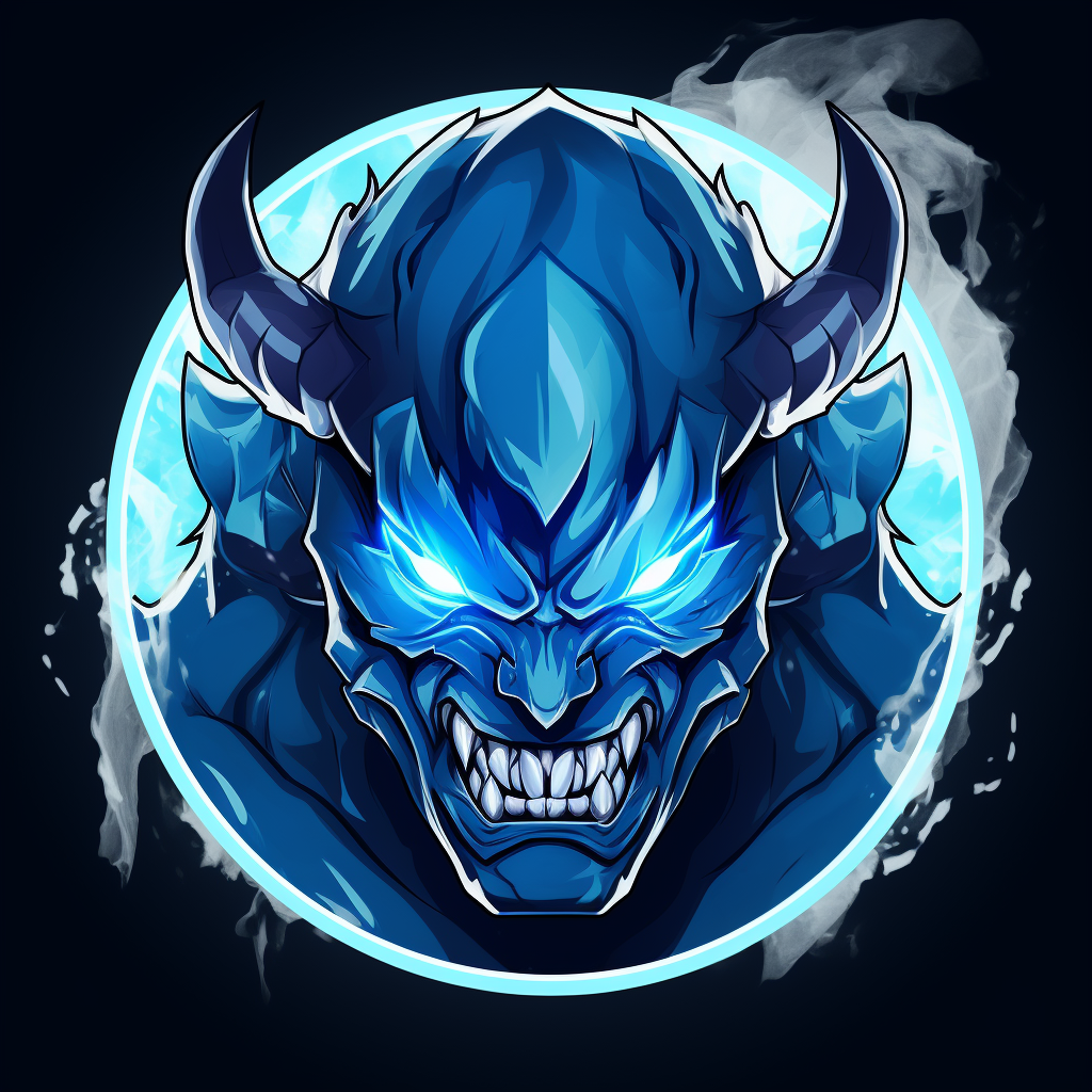 Blue demon monster logo with sharp teeth