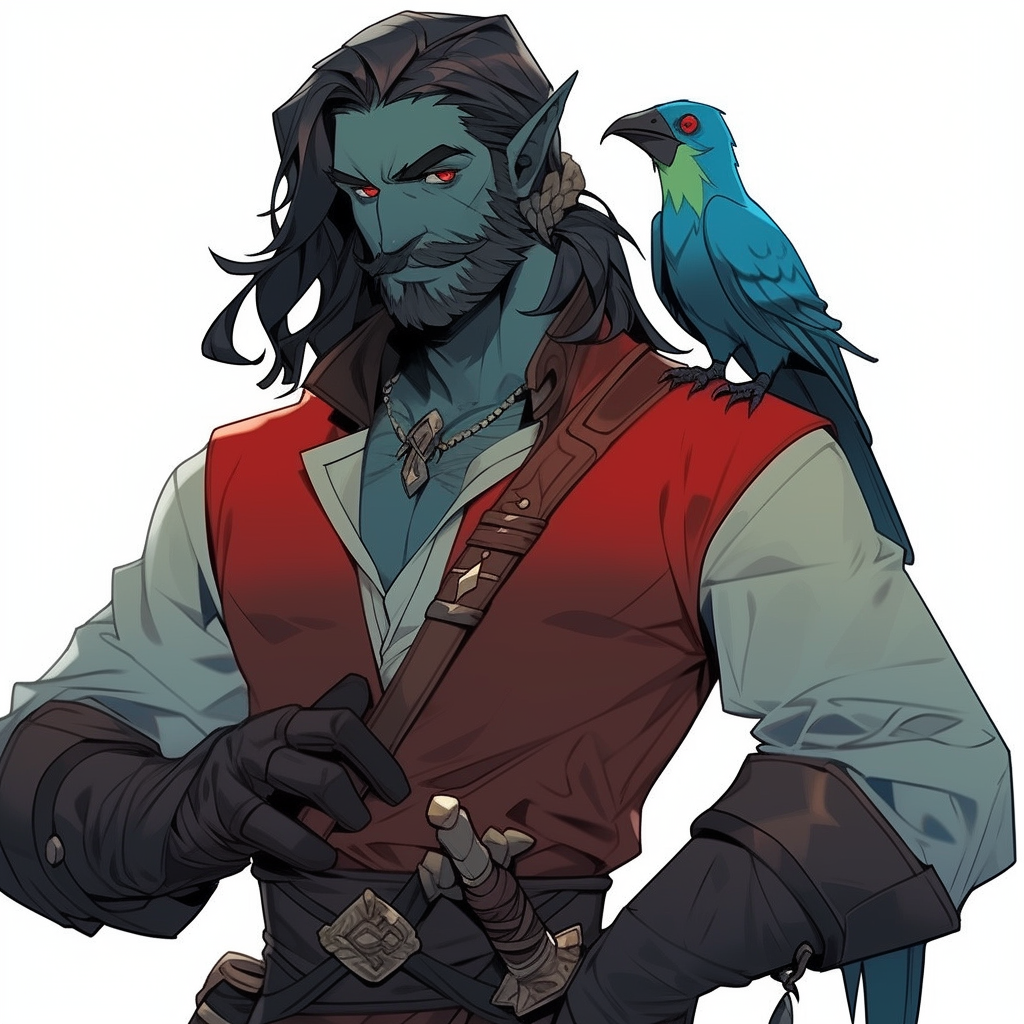 Blue D&D Triton Pirate Rogue with Red Parrot