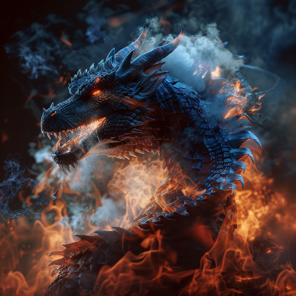 Blue dragon in fiery surroundings