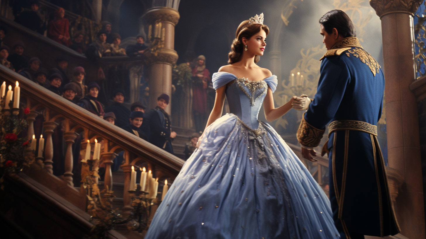 Elegant Cinderella waltzing with a prince