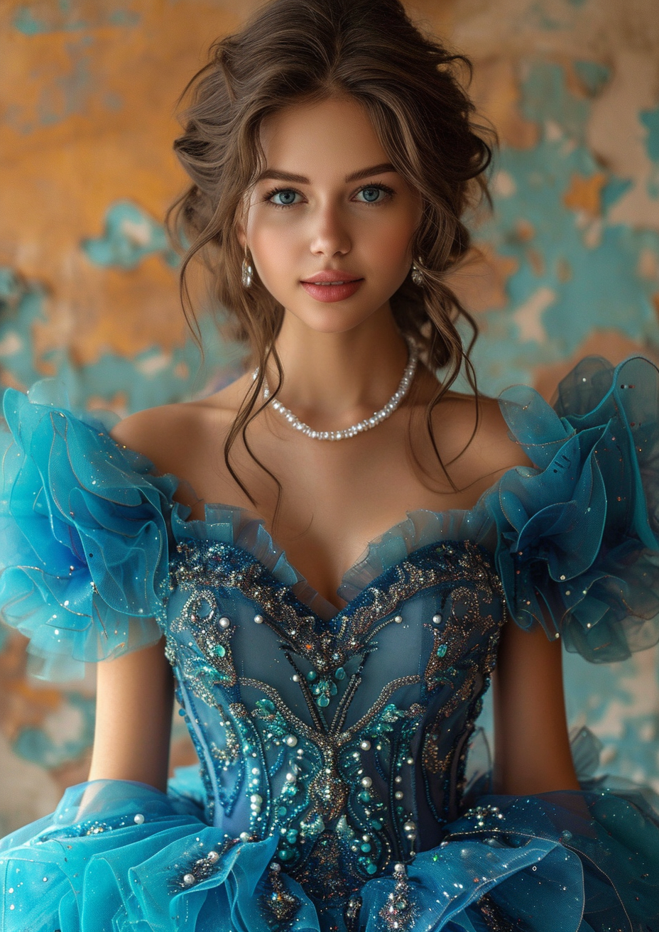 Teenage girl in elegant blue dress with short sleeves and pearls