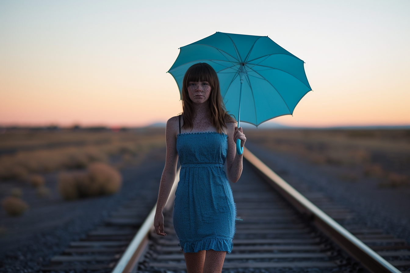 Woman with Blue Umbrella Walking on Railroad