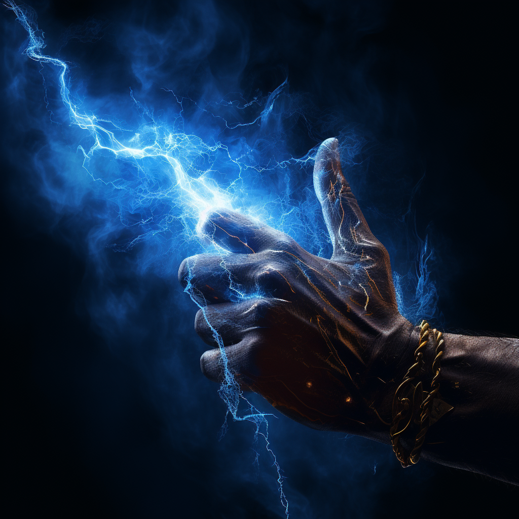 Blue electricity emanating from a young hand