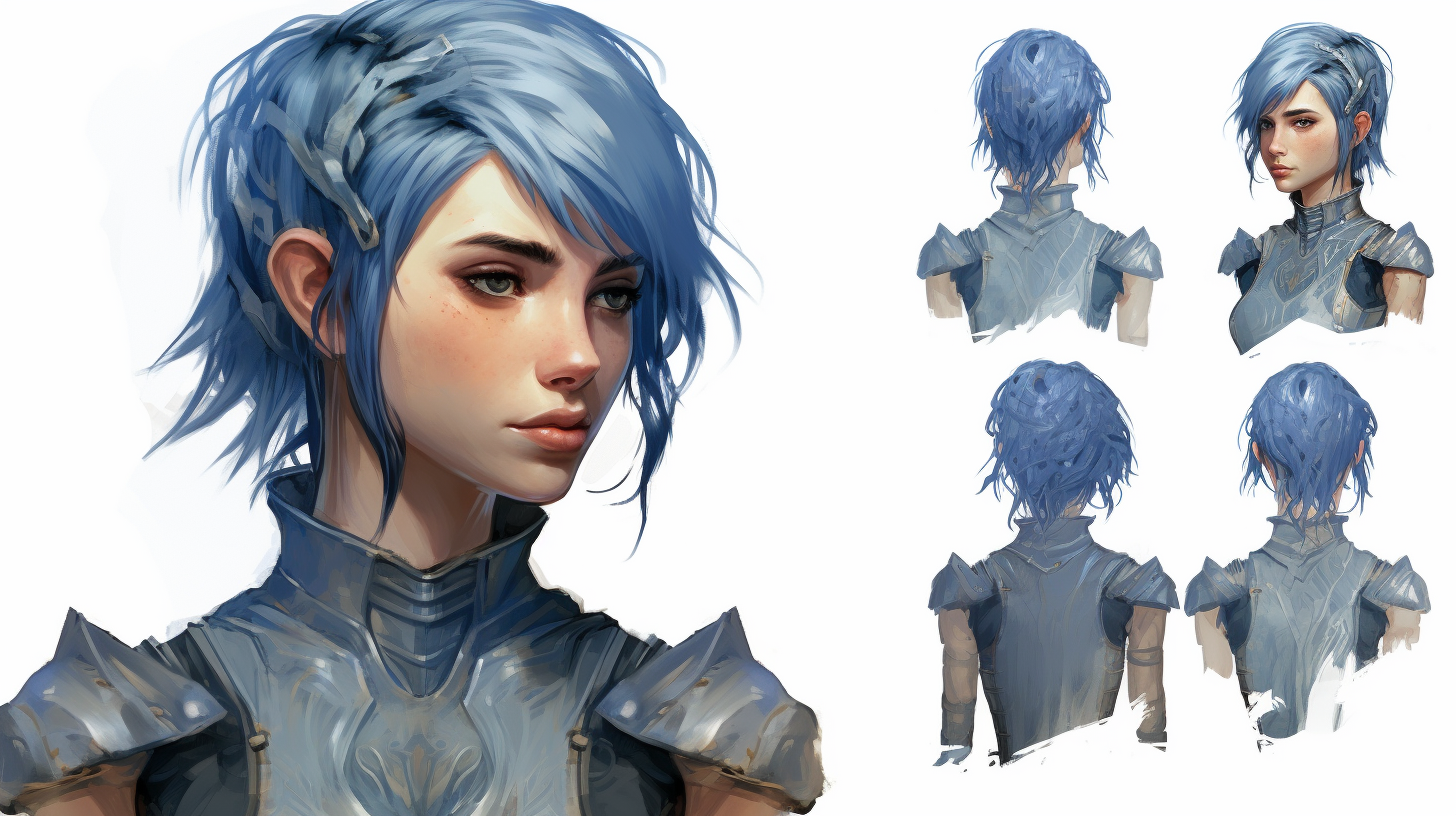 Blue-haired female elf fighter in silver armor