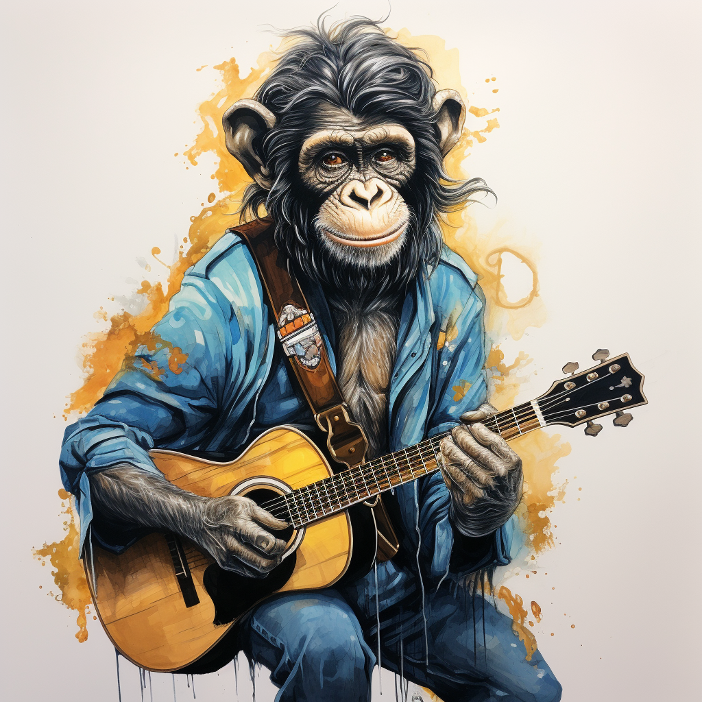 Monkey with blue piercing eyes playing guitar