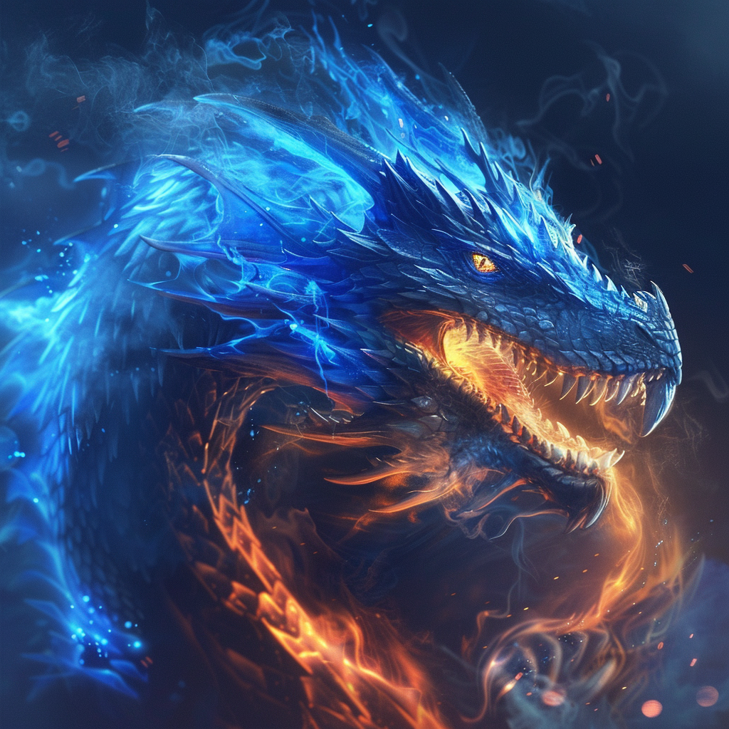 Fiery dragon face in blue