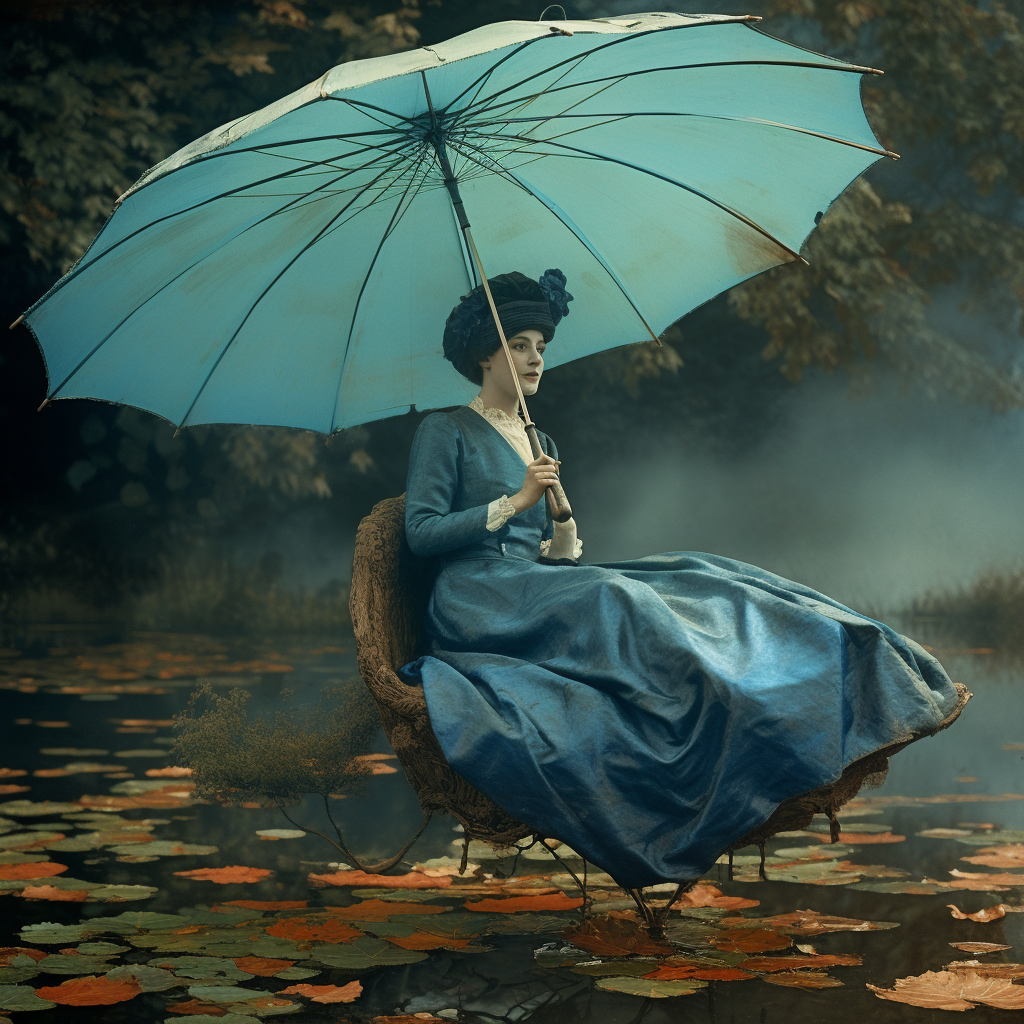 Vintage blue parasol floating in air