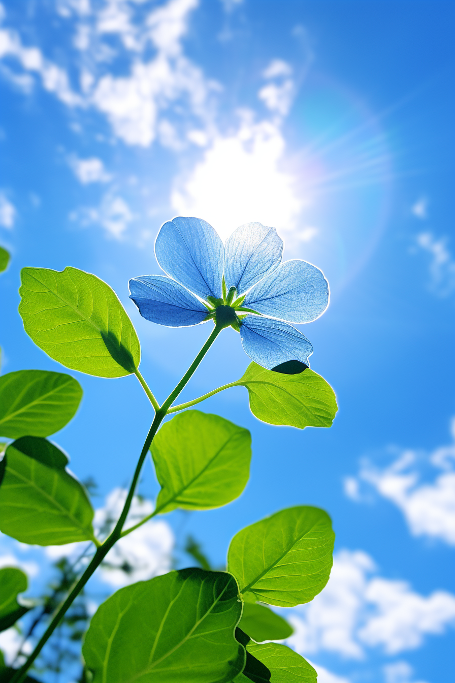 Vibrant blue flower with sunlit leaves