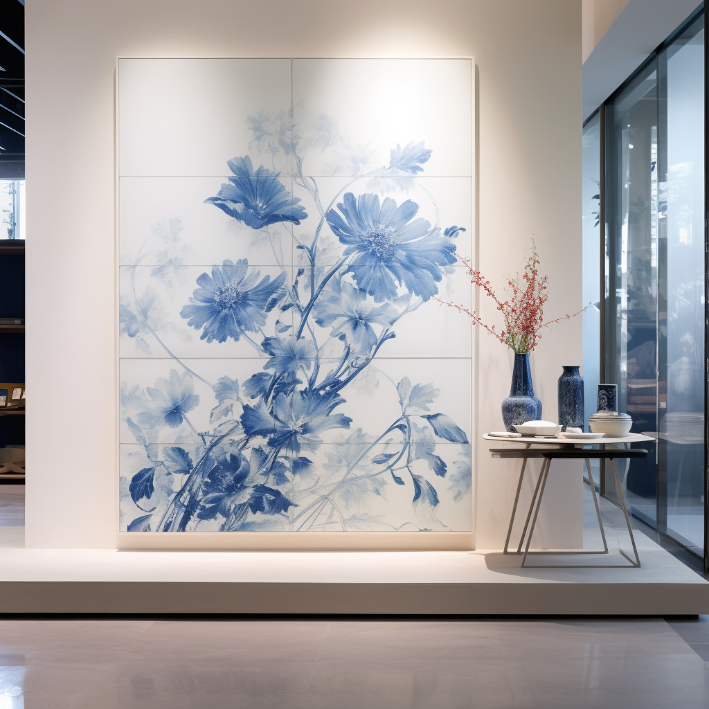 Durable porcelain slab with blue flower design