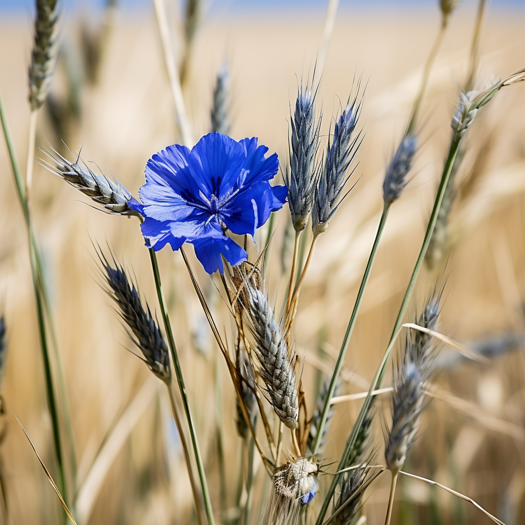 Vibrant blue flower amidst wild wheat