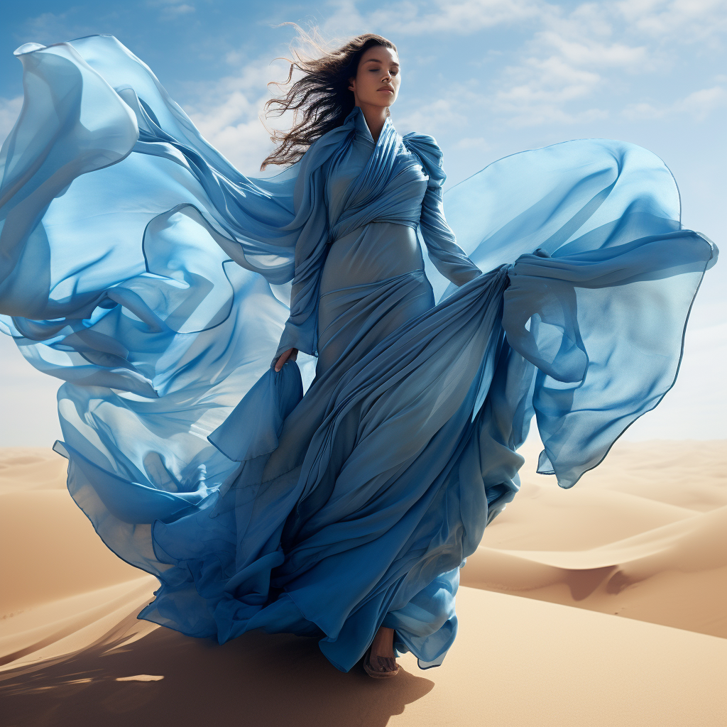 Female model in blue flowing clothes in the Sahara