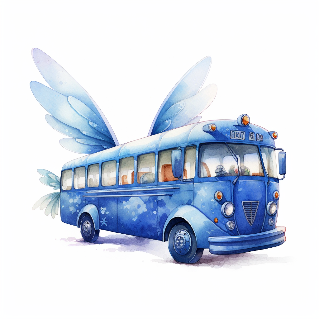 Whimsical blue flying bus illustration