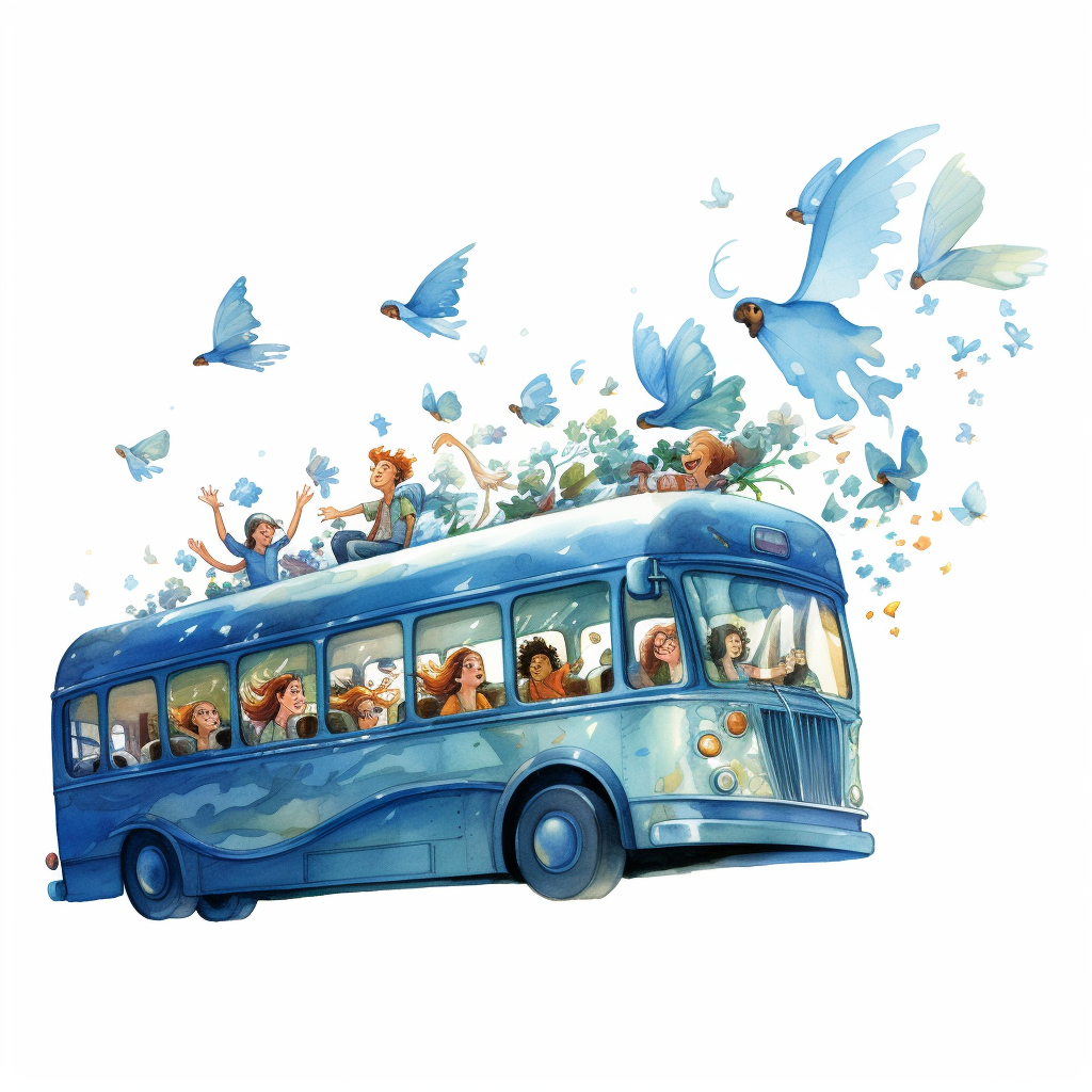 blue flying bus with children