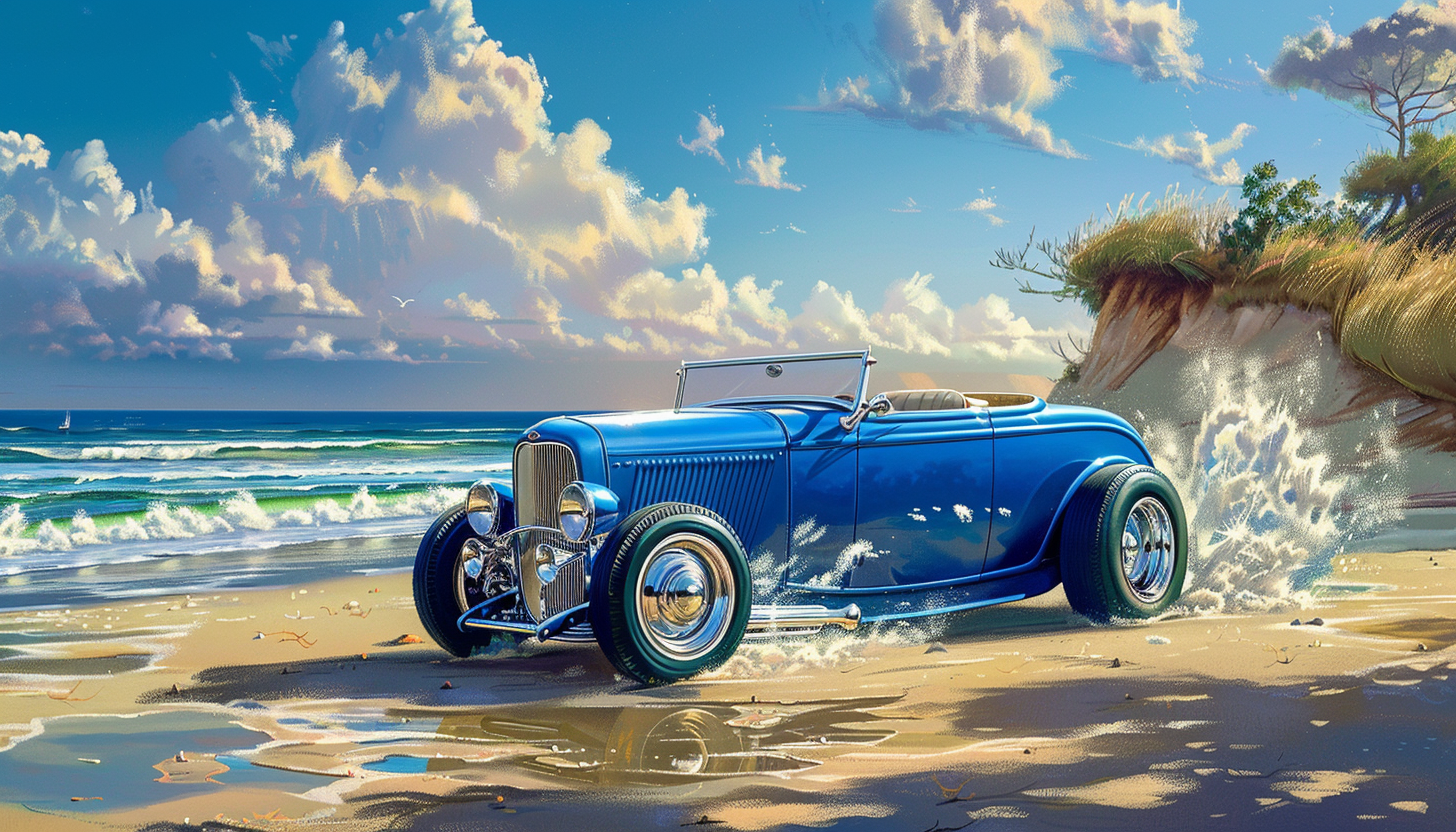 Blue Ford Highboy Roadster Beach