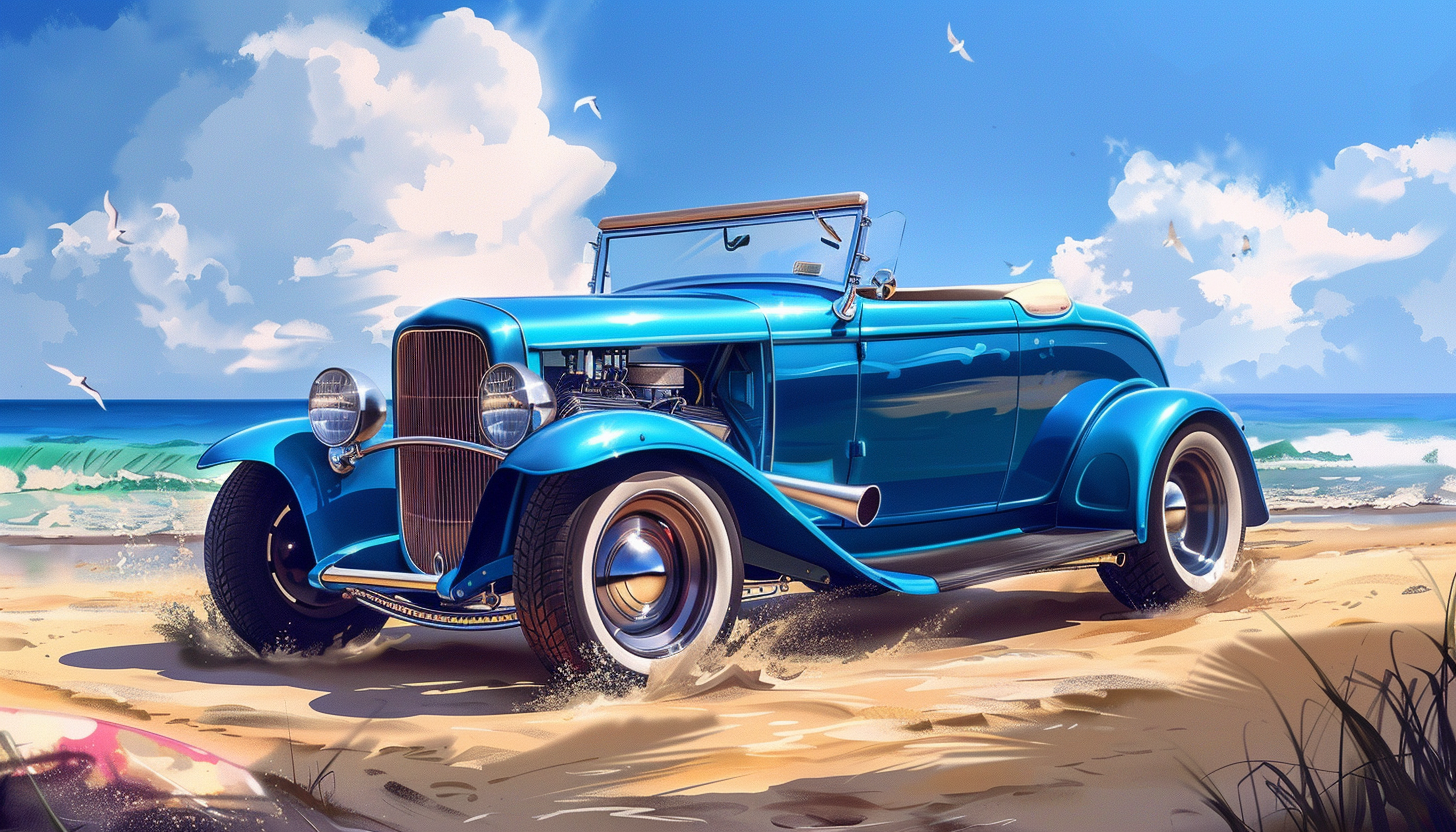 Blue Ford Roadster on Beach