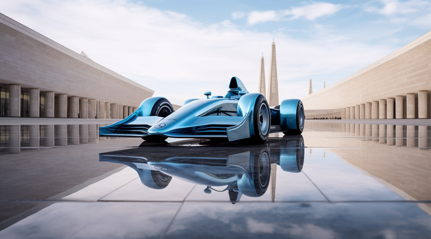 Blue Formula One Racing Car in Front of White Marble Building